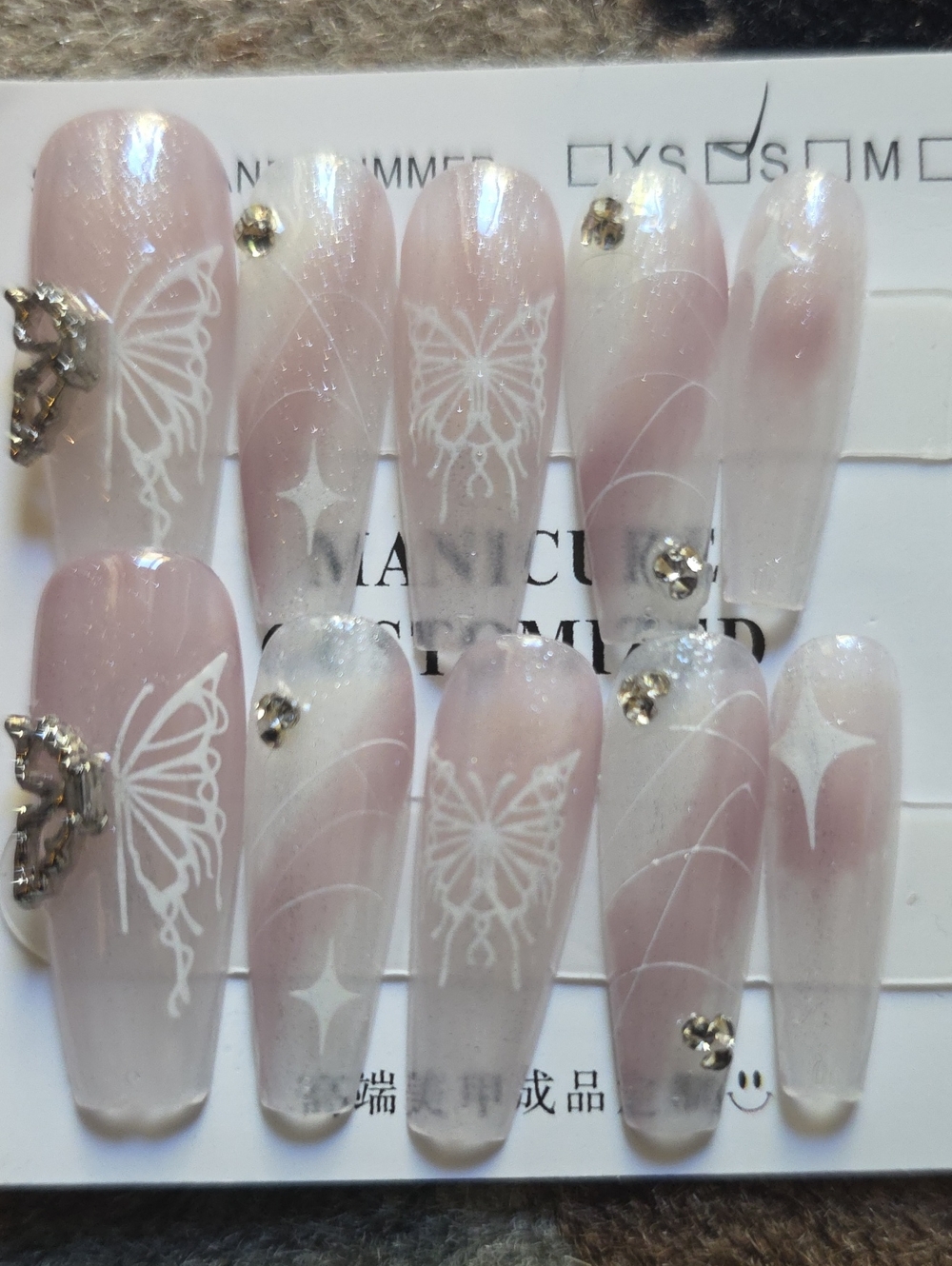 Butterfly Accent Pink Ombre Press-On Nails with Crystals -Size Small